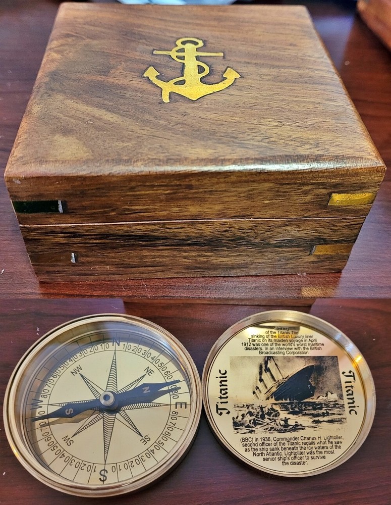 Solid Brass RMS Titanic Compass 4" In a Rosewood Box