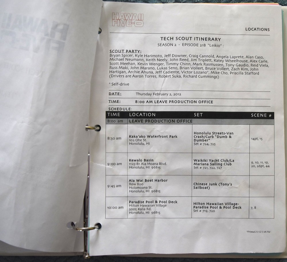 2012 Hawaii Five-O "Lekio" Original Script + Shooting Schedule
