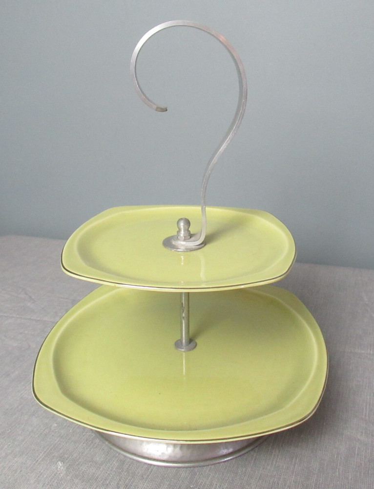 MCM Avocado Two Tier Serving Plates - Squared Hammered Aluminum f5 vh