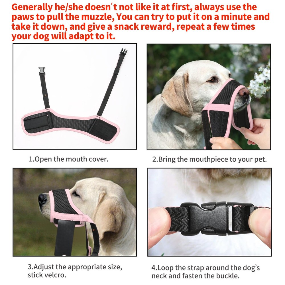 Nylon Dog Muzzle Soft Mesh Breathable Anti Bite Bark Pink Large Adjustable