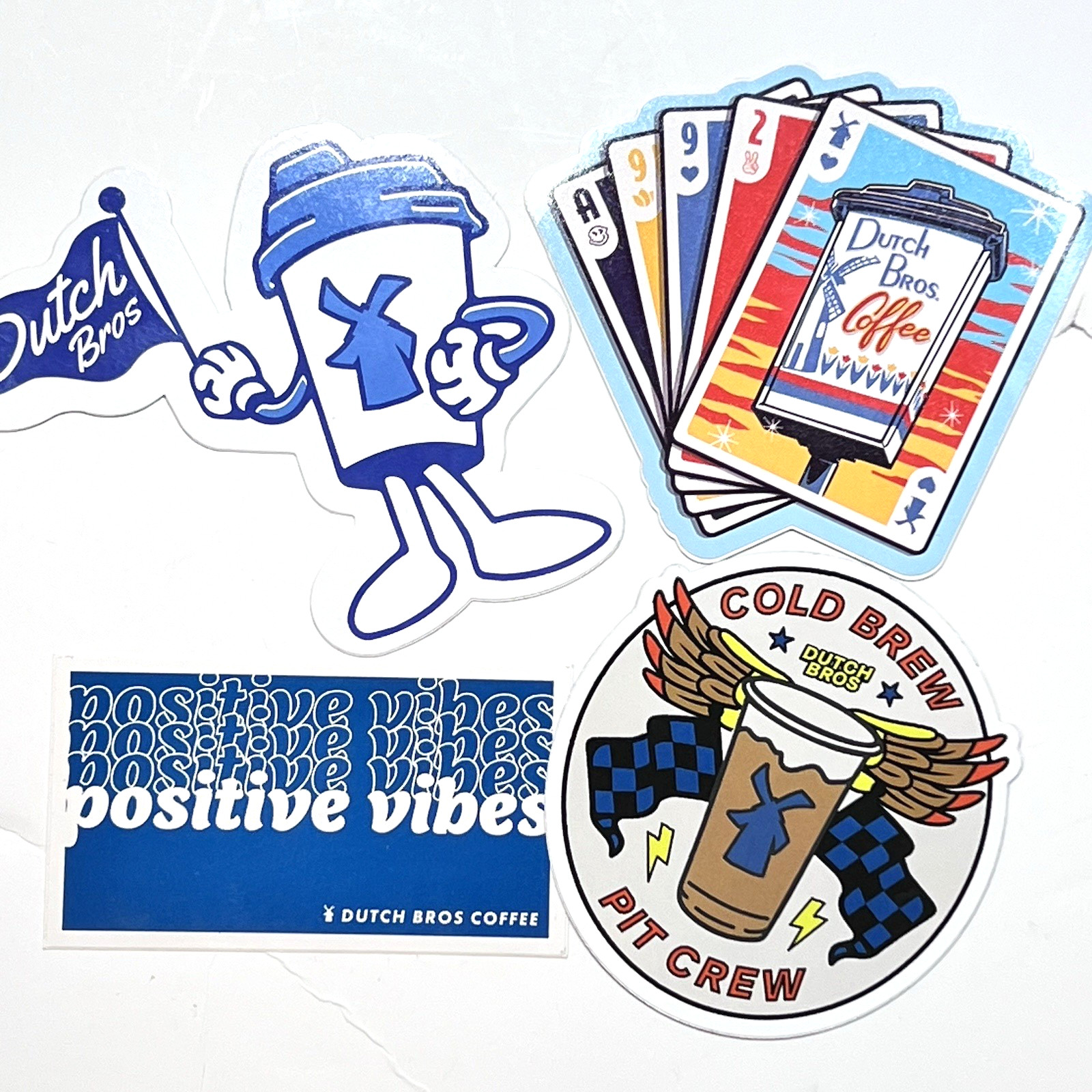 Lot of 4 Misc Dutch Bros Coffee Stickers Positive Vibes Cold Brew Playing Cards