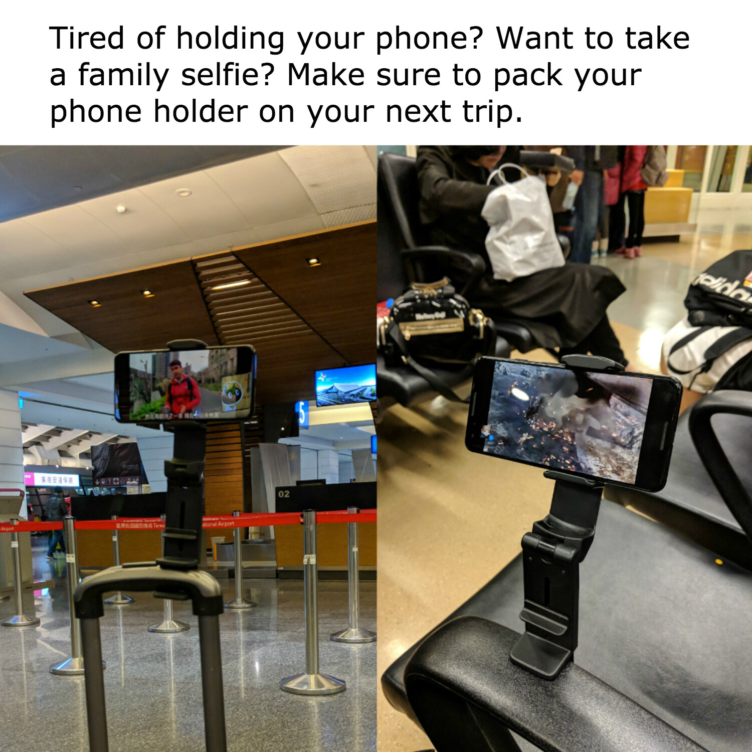 Universal Travel Phone Holder For Airplane, Luggage Handle, Desktop, Selfie.