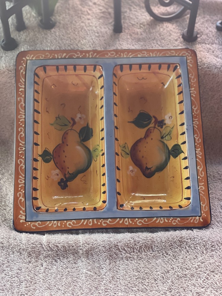 2 Compartment Decor Tray Ceramic Pear 10"x10"x2" Earthtones
