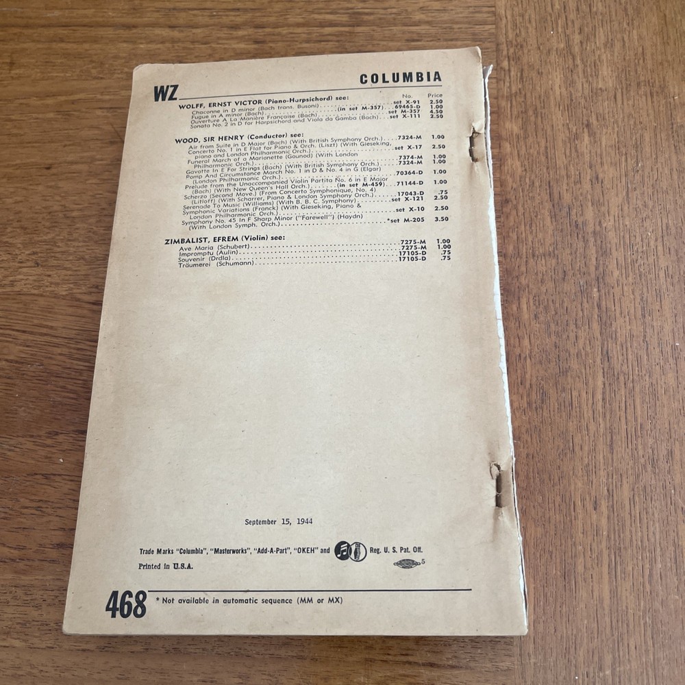 Columbia Record Catalog 1945- Acceptable Condition