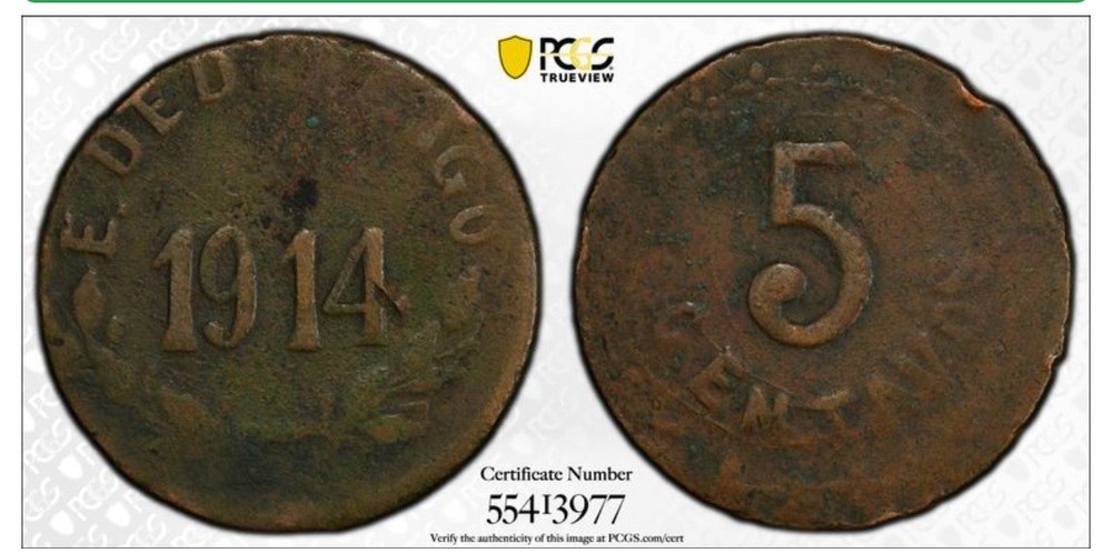 1914 MEXICO DURANGO PCGS VF COPPER COIN 5 CENTAVOS