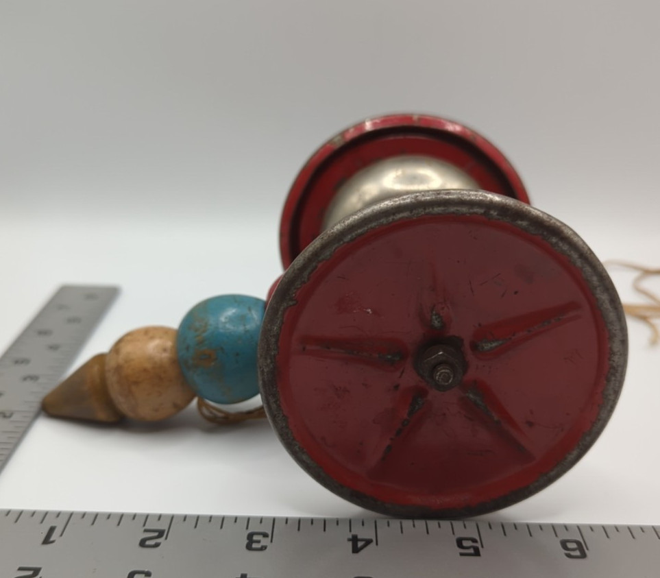 Antique Wooden Pull Toy Steel Wheels Ring When Pulled