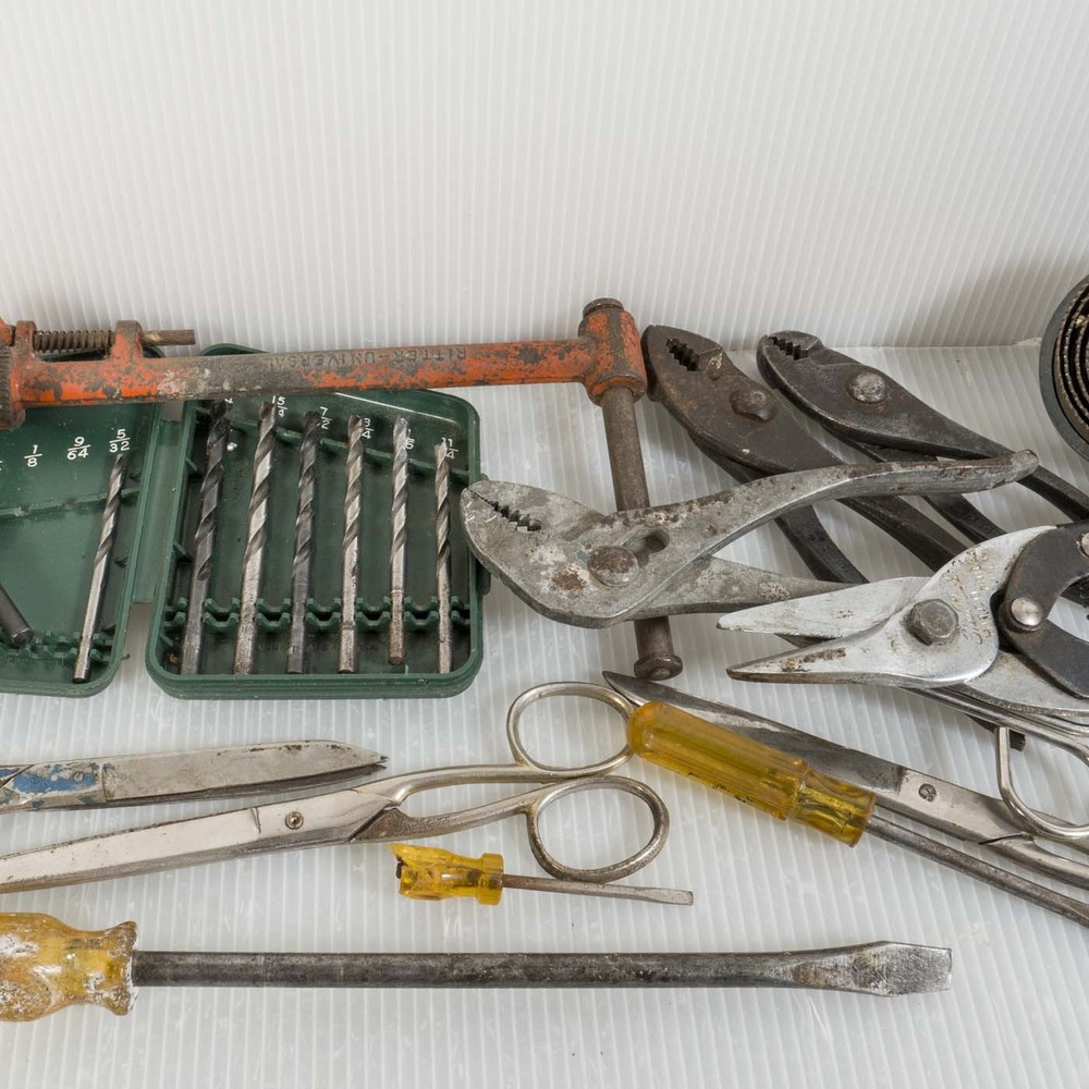 Large Mixed Lot Hand Tools Assortment Pipe Wrench Pliers Screwdrivers Drill Bits