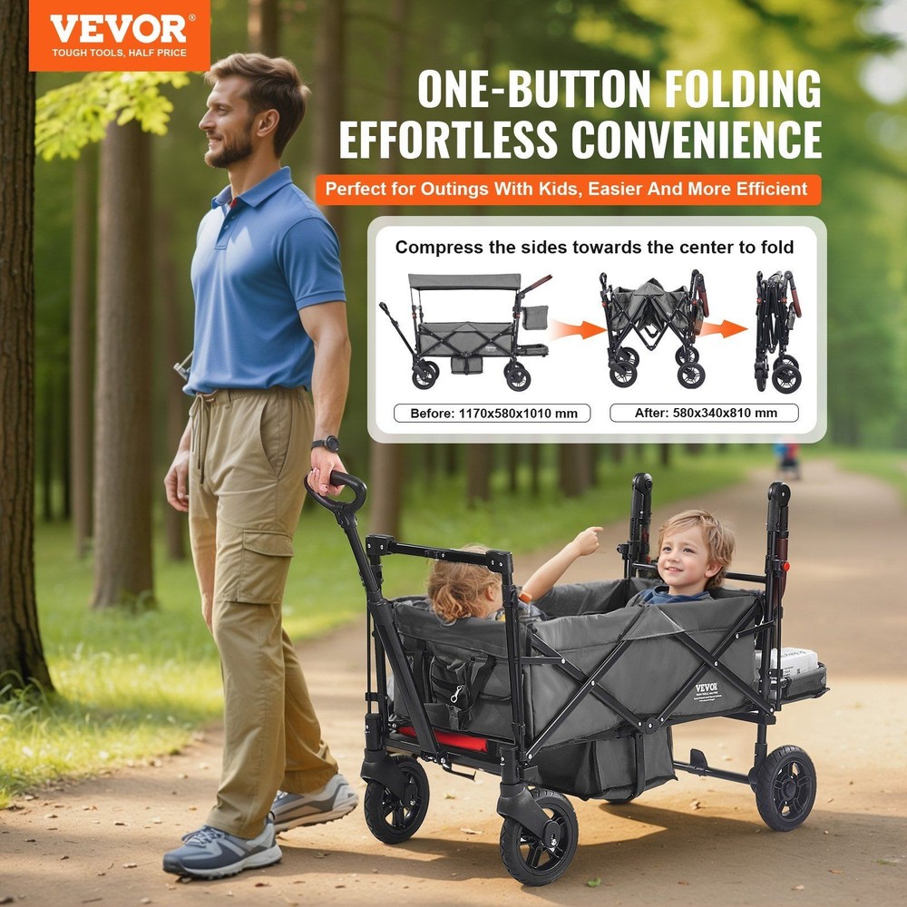 Robust Twin Seat Stroller 55lb Structural Strength Removable Top Cover Grey
