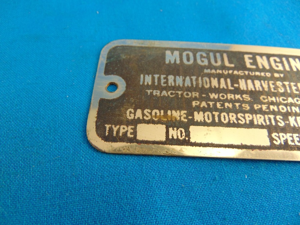 IHC Mogul Engine Brass Data Plate Repro Unstamped Antique Engine