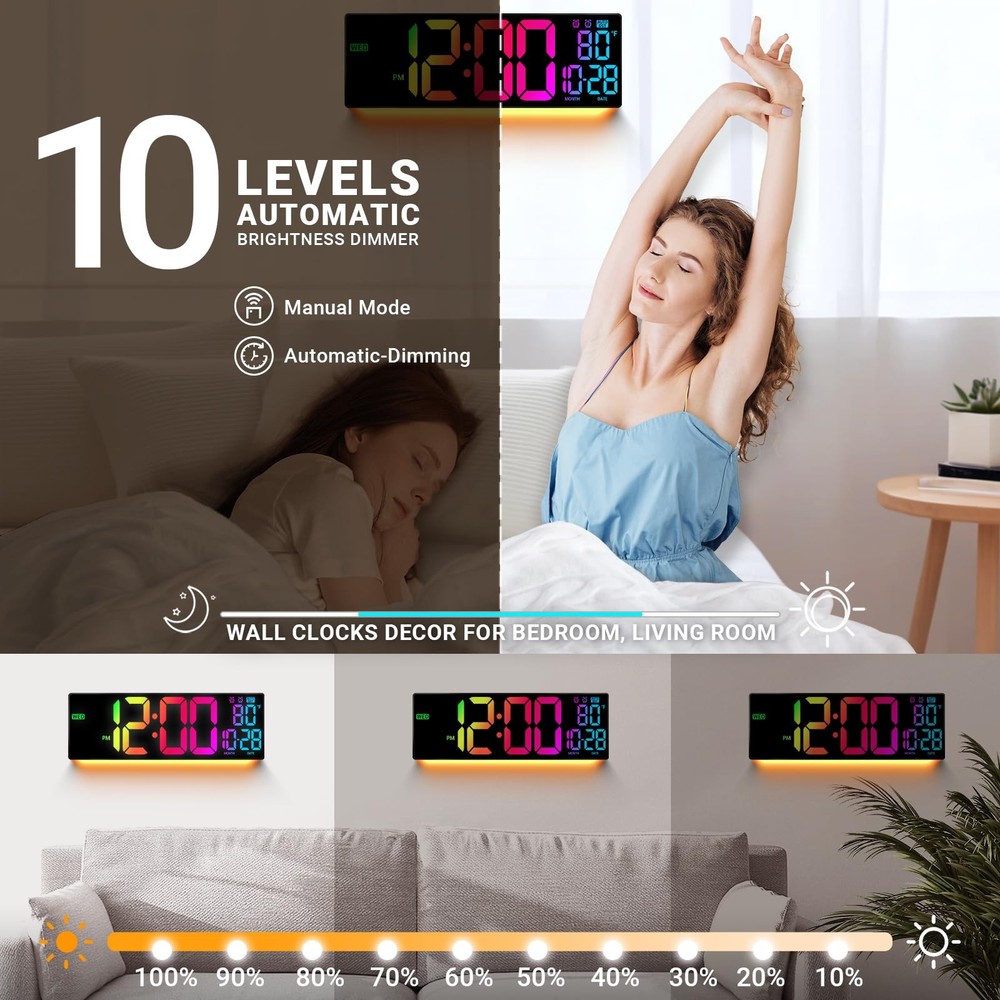 16.5" Large Digital Wall Clock with Remote Control, Auto-Dimming Display with...
