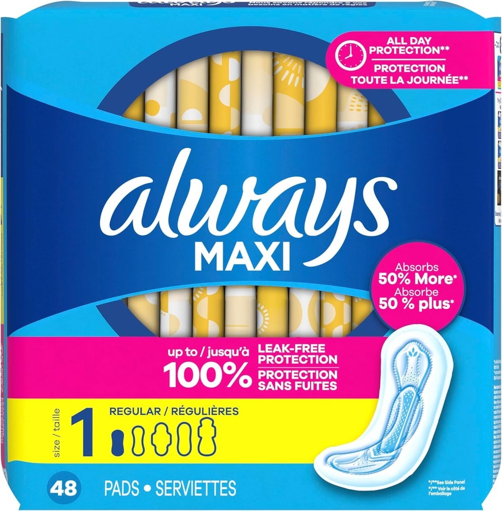 Always Maxi Pads Without Wings, Size 1 Regular Unscented, 48 Count