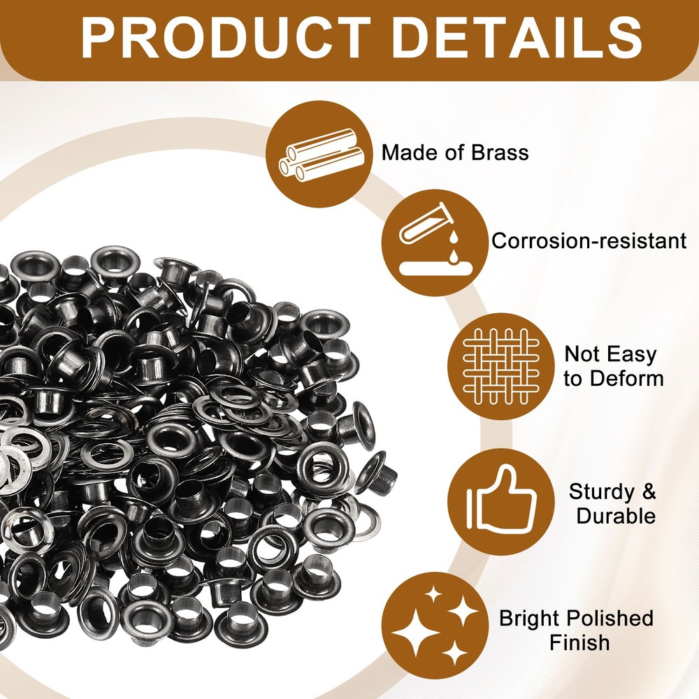 100 Sets Grommets Eyelets, 3.5mm Brass Self Backing Eyelets, Black