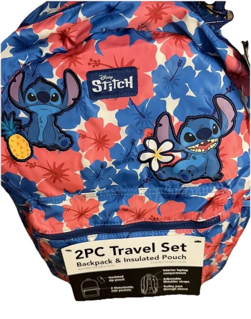 NEW Disney Stitch 2 Pc Travel Set Backpack + Insulated Pouch • Hibiscus AOP
