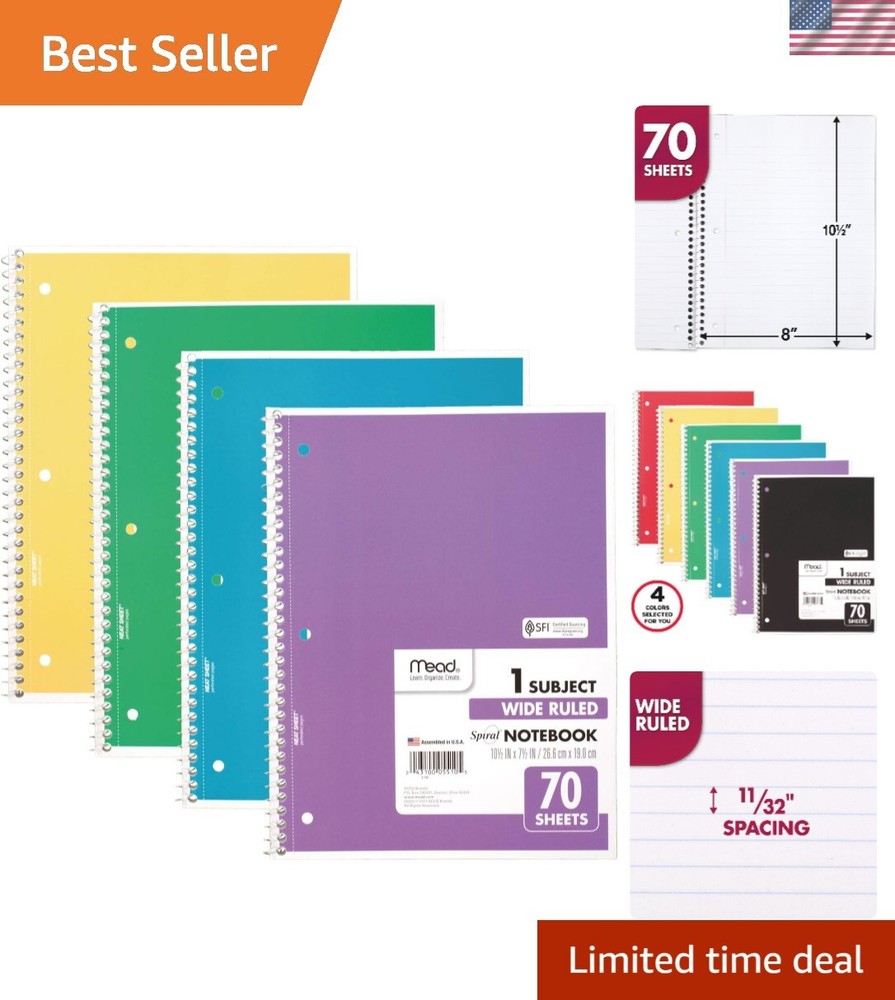 Versatile 4-Pack Spiral Notebooks - 1 Subject, 70 Sheets, Durable & Practical