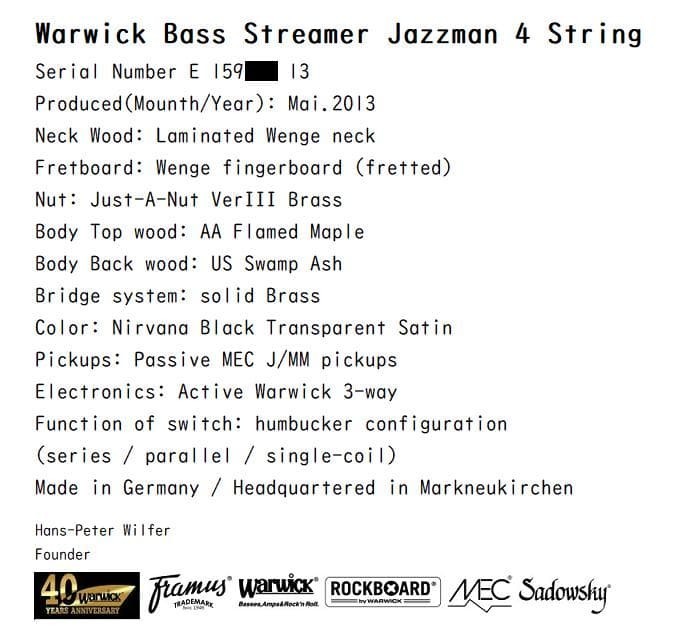 Warwick Masterbuilt Streamer Jazzman Nirvana Black Brass Hardware Wenge PLEK'd G