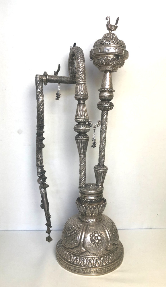 Antique Middle Eastern Hand Crafted Silver Alloy Smocking Water Pipe, Hookah.