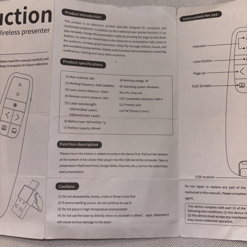 Wireless Presenter Red Laser USB & USB-C Compatible - Tested & Works