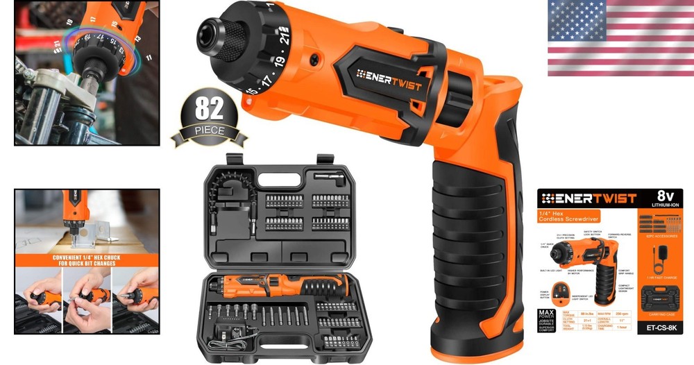Lightweight 8V Cordless Screwdriver Set with LED Light & 82pcs Accessory Kit
