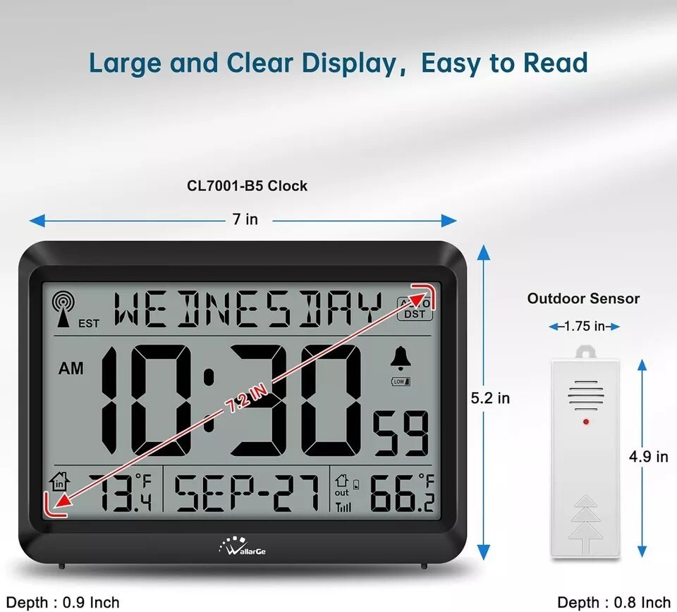 Atomic Clock With Indoor Outdoor Temperature, Self-setting Digital Wall