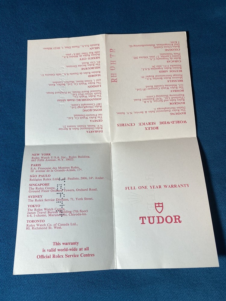 Tudor Certificate Guarantee Warranty BLANK