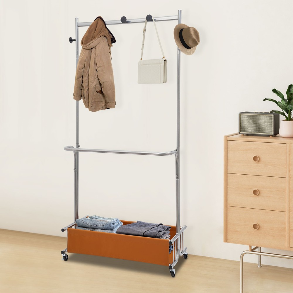 Movable Garment Rack - Modern Silver Iron, Free Standing, 4 Wheels & 5 Hooks
