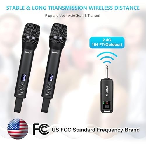 Dual Rechargeable Wireless Microphones, Pro Handheld Cordless 2 Mics, Black