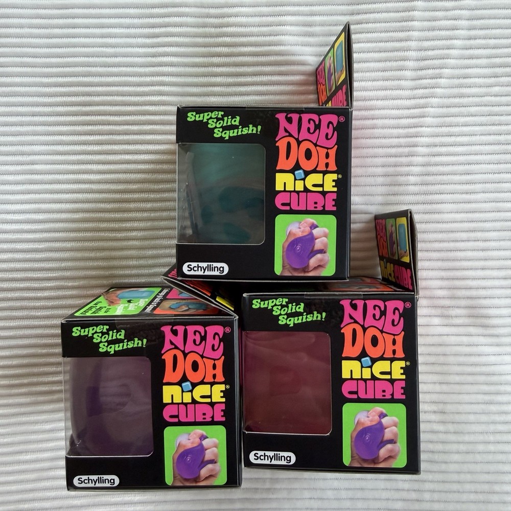 Schylling NeeDoh Nice Cube Super Solid Squish Blue, Pink, & Purple NIB 3pk