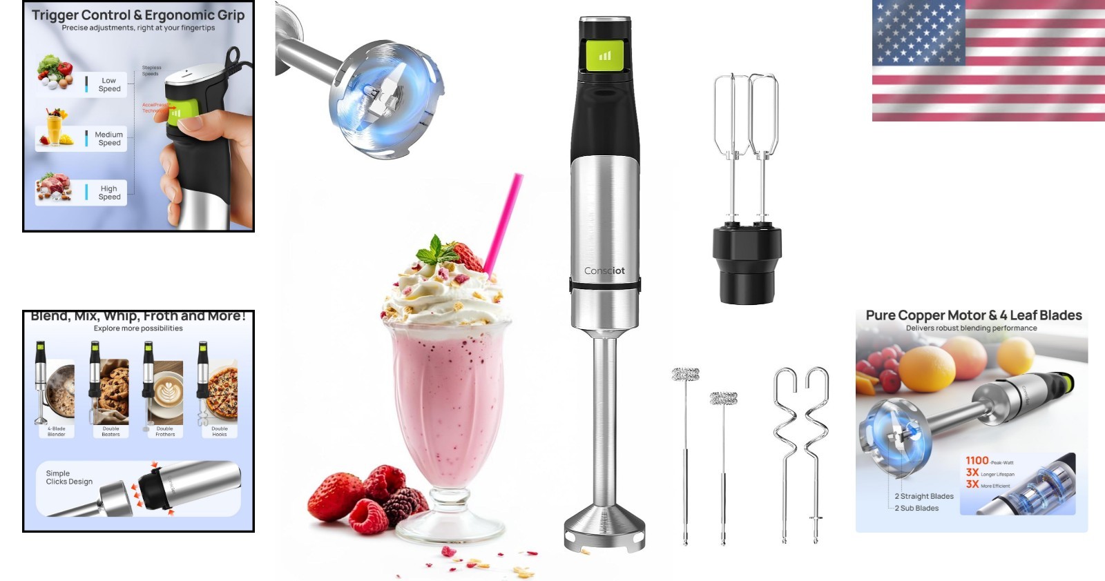 Professional 1100W Immersion Blender: Perfect for Soups, Sauces & Smoothies