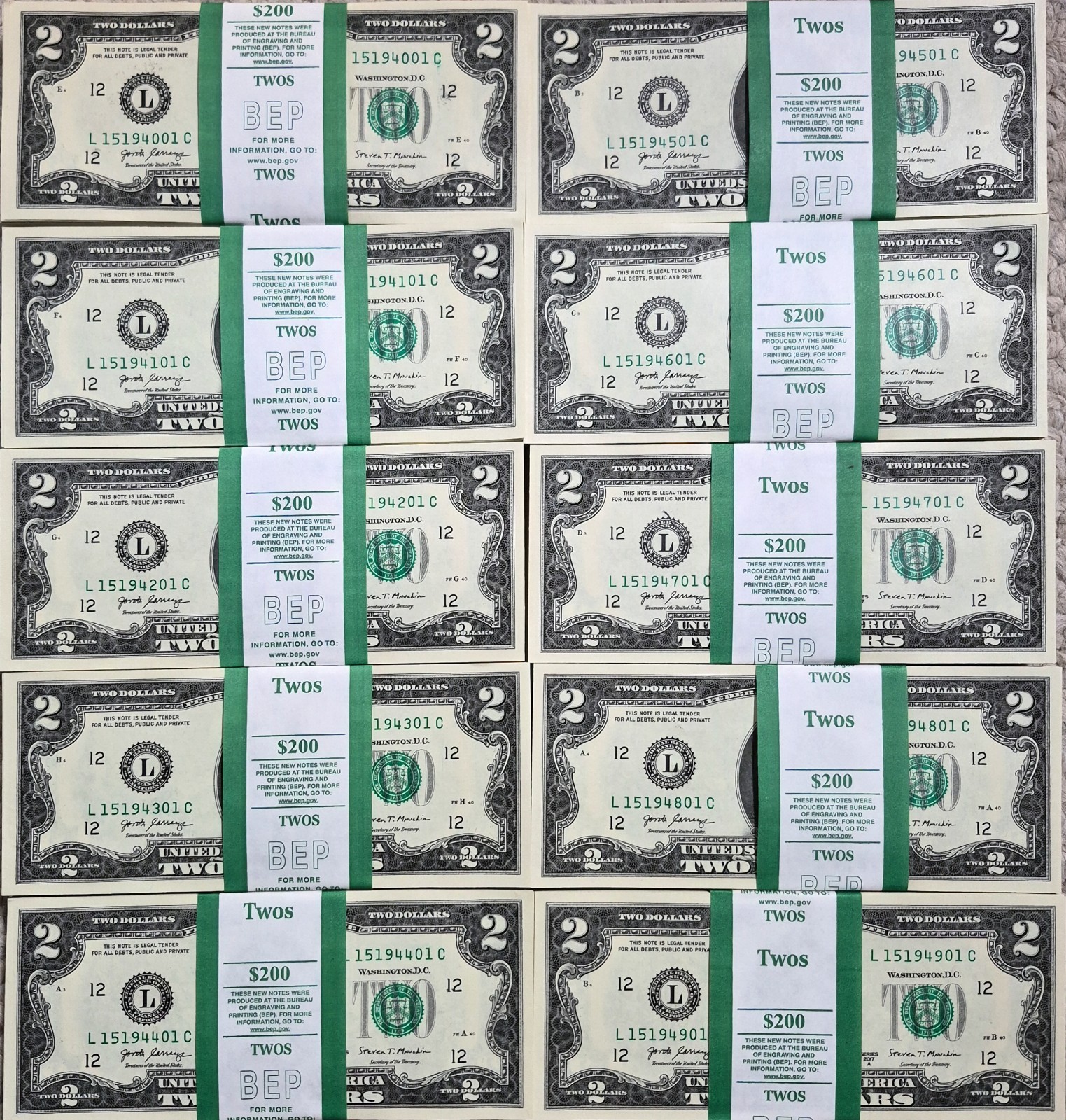 100 - $2 Two Dollar Bills UNC Sequential, Consecutive 2017A $200 TOTAL -San Fran