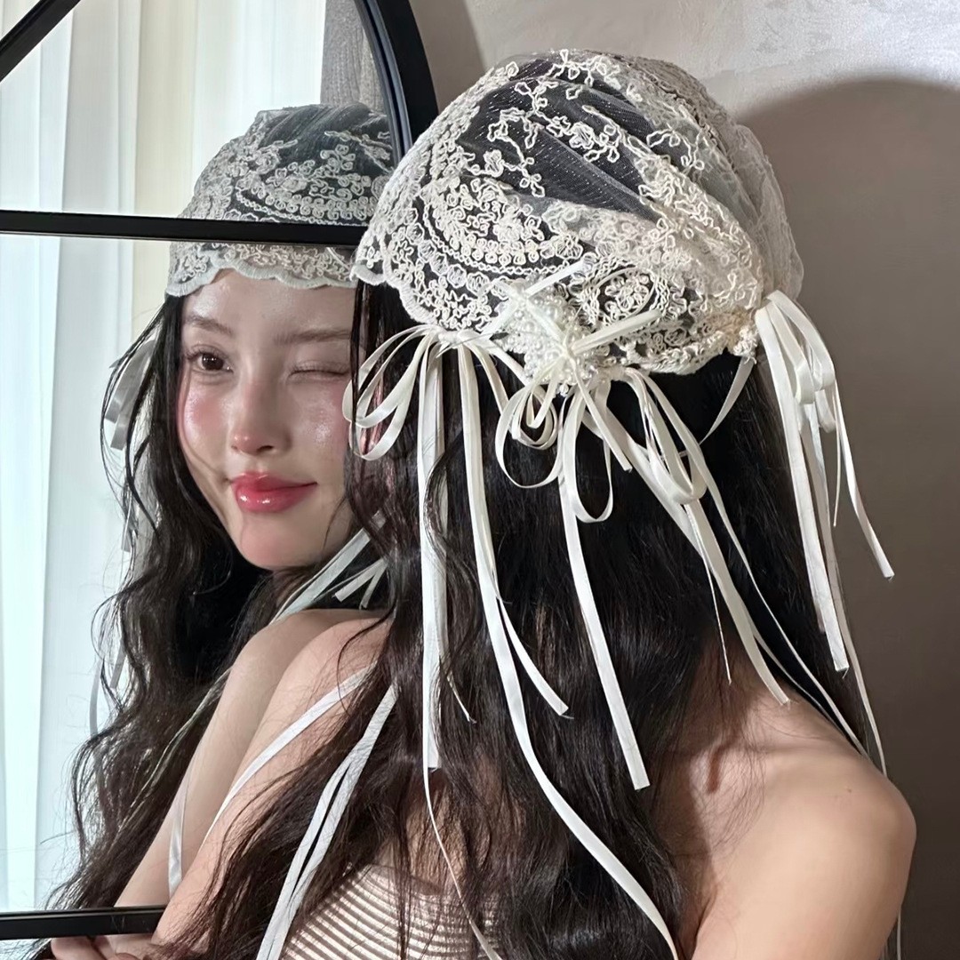 French Vintage Bridal Lace Bow Headwrap Hat Wedding Headpiece Ribbon Accessory