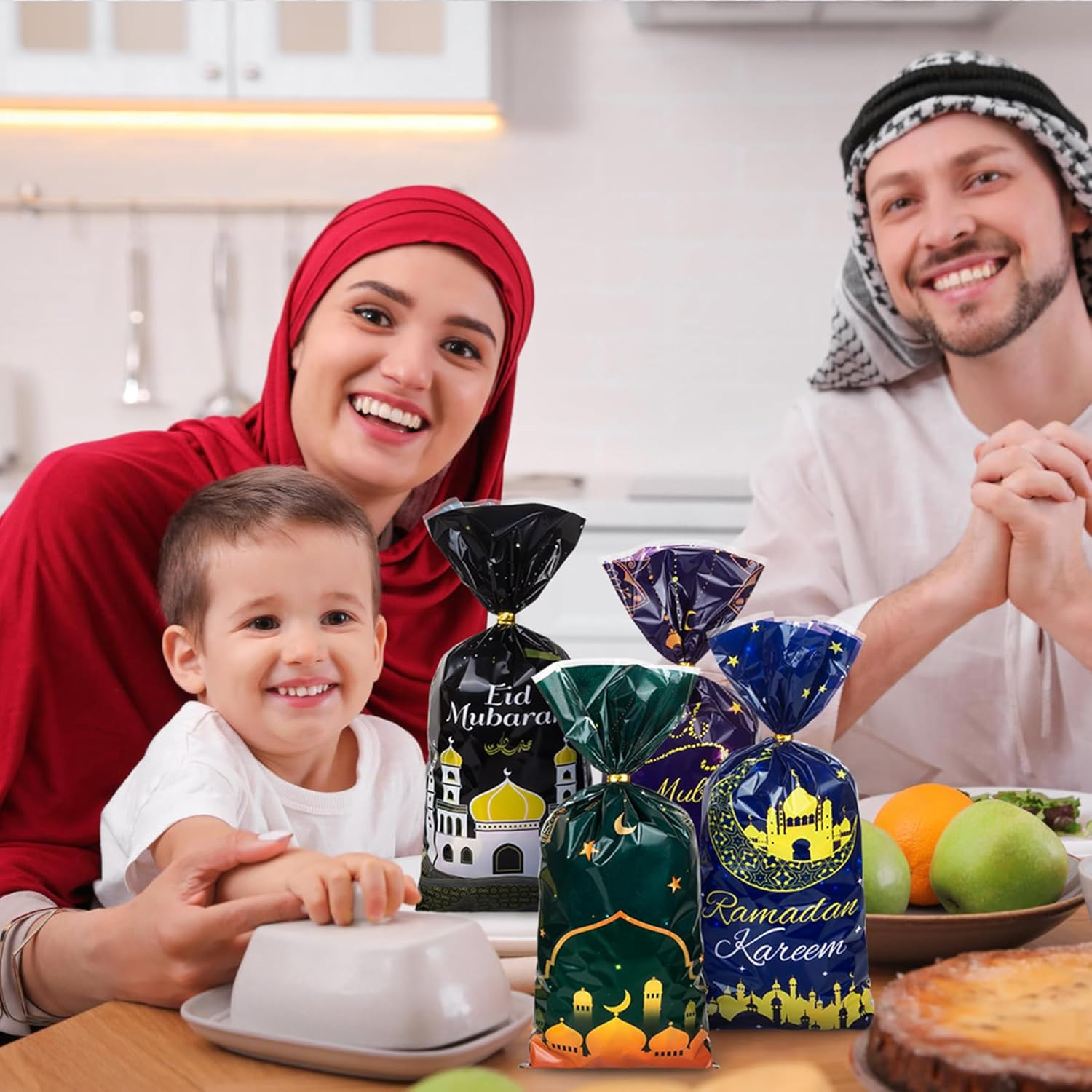 Eid Mubarak Cellophane Treat Bags, 100Pcs Ramadan Plastic Clear Goodie Bags with