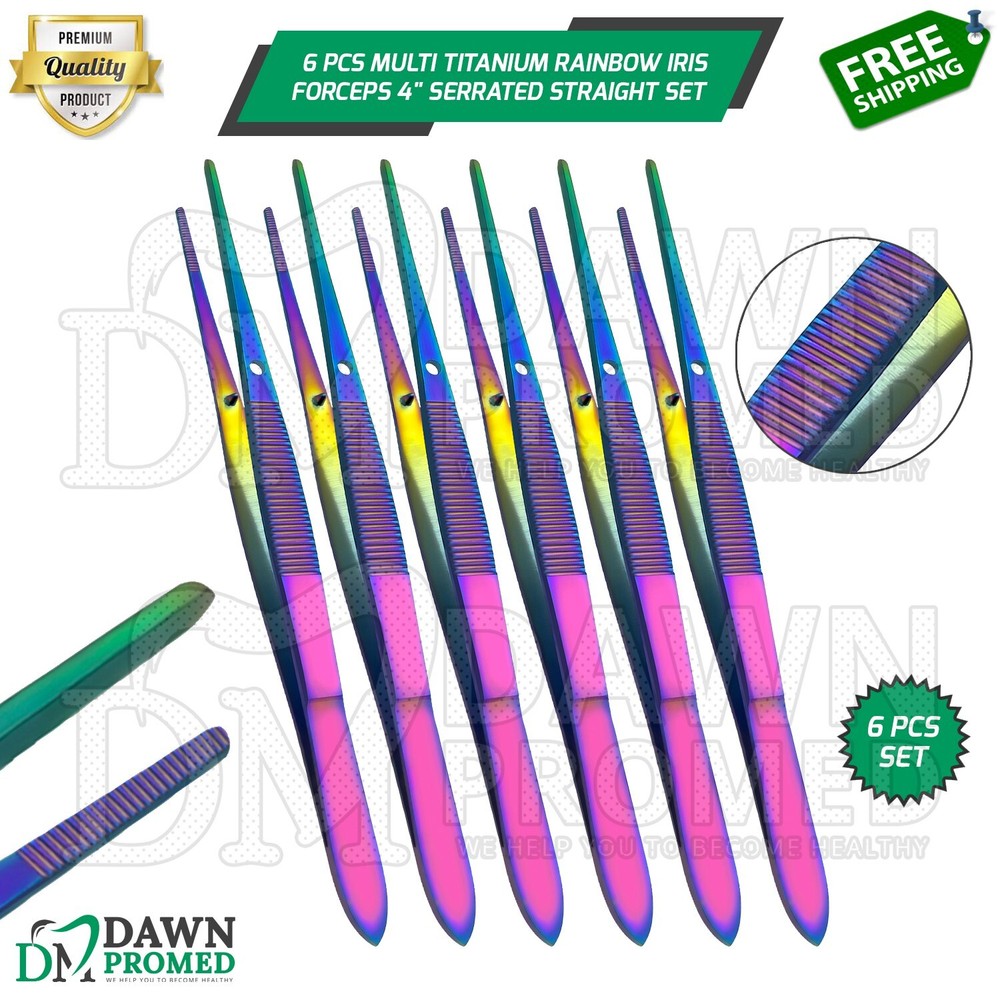 6 Pcs Multi Titanium Rainbow Iris Forceps 4" Serrated Straight Ophthalmic Set