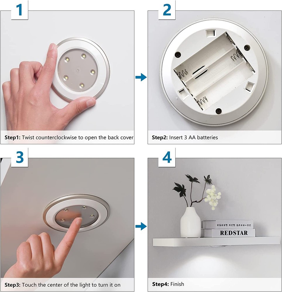 White Floating Shelf with Touch-Sensing Battery Powered LED Light,Wall Mounte...