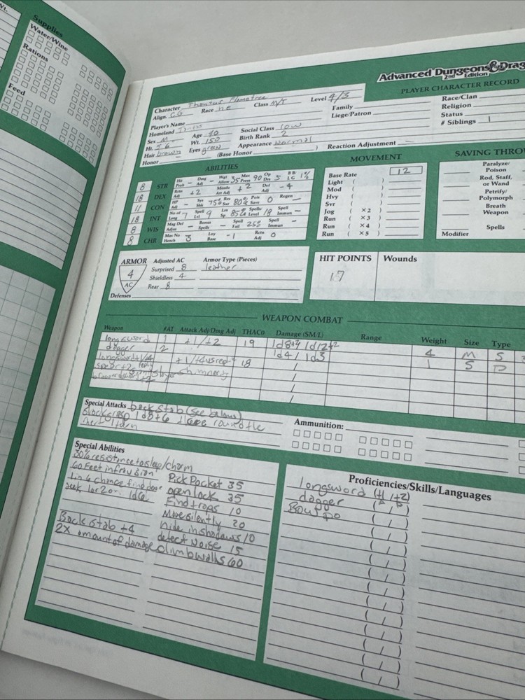 TSR Advanced D&D Dungeons and Dragons 2nd Ed Character Record Sheets