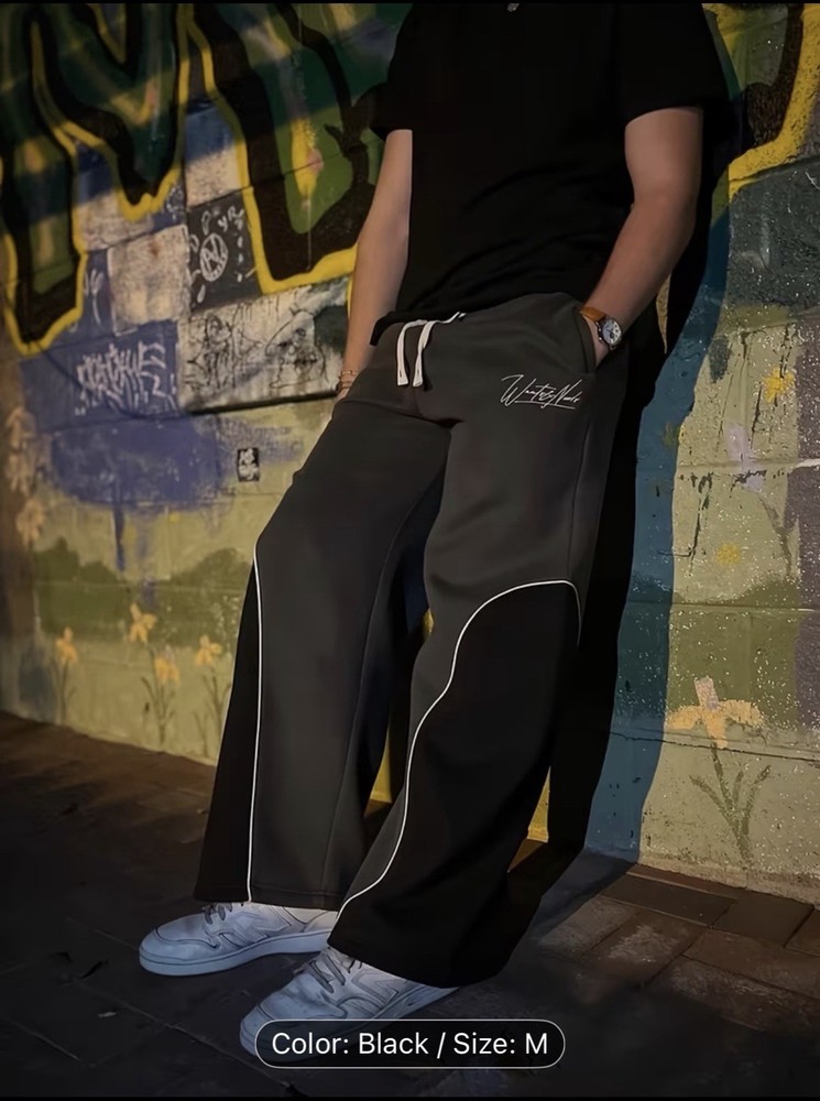 Men's Wide-Leg Sweatpants Black/Light Grey Size M Drawstring Pockets