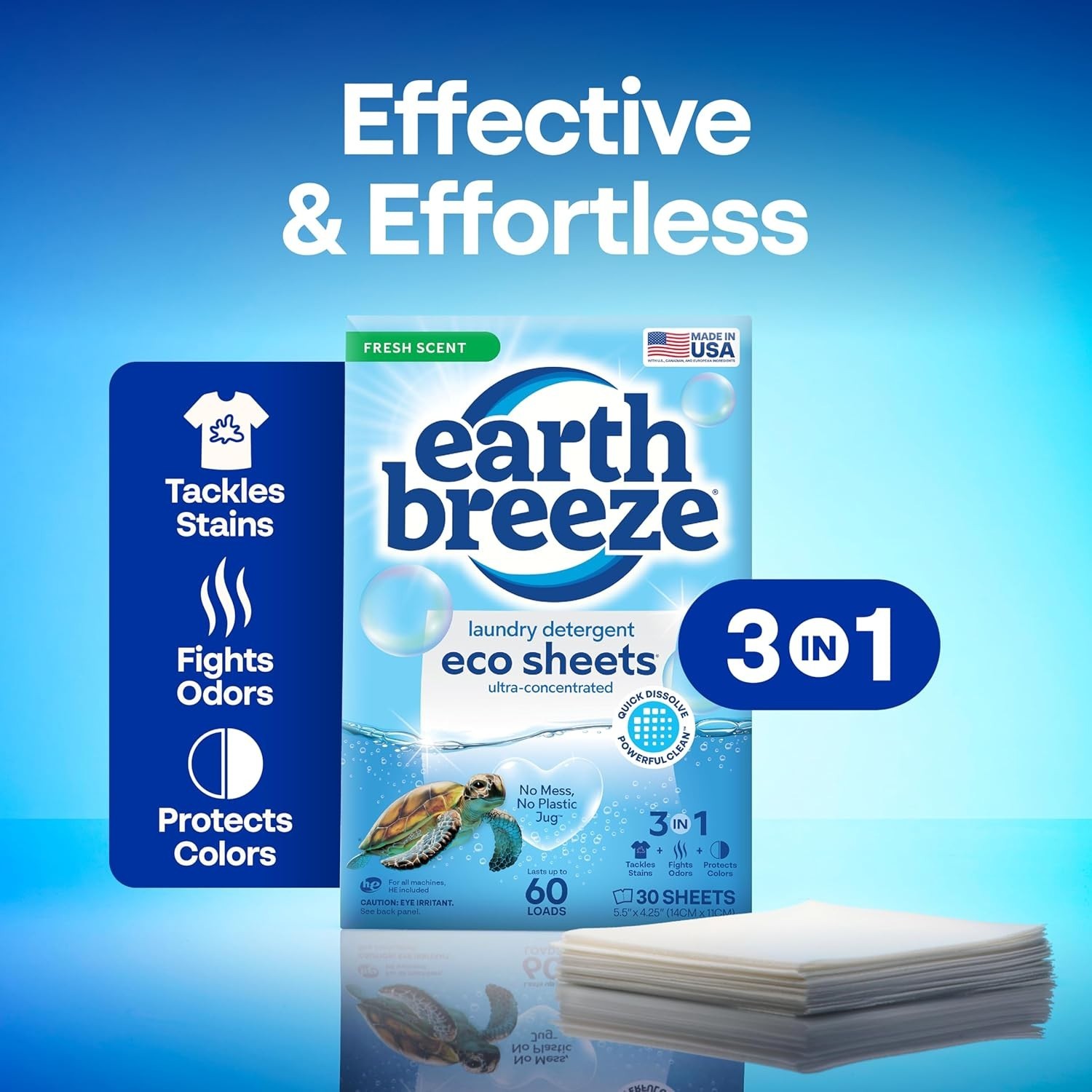 Earth Breeze Laundry Detergent Sheets Fresh Scent - 60 Loads Eco Liquidless 30Ct