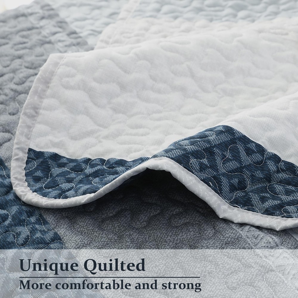Striped Quilt Set King Size 3Pcs Blue & Navy Striped Patchwork Pattern All