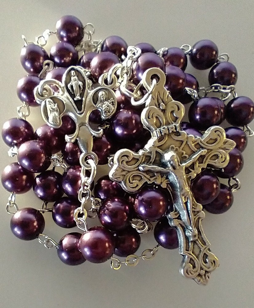 Catholic Fleur-De-Lis Purple Glass Rosary 22"