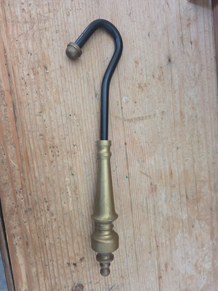 Brass and iron fireplace damper hook, 10.5"L