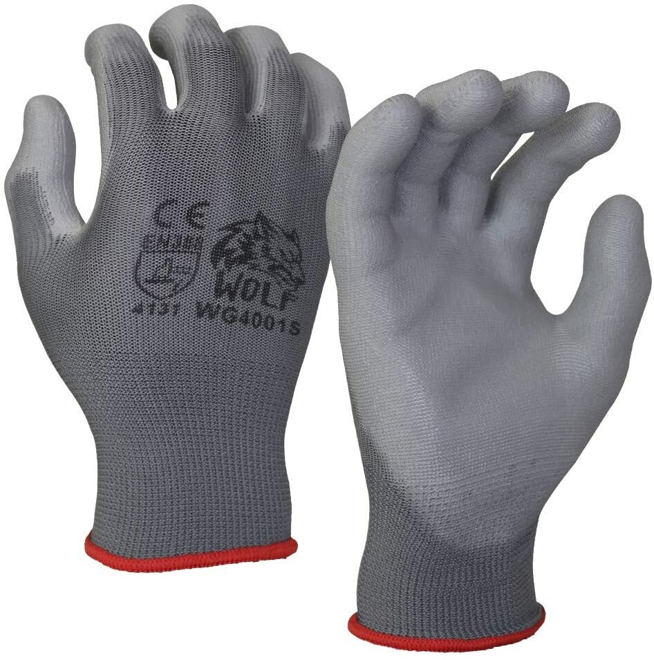 WOLF Ultra-Thin Grey Work Gloves Polyurethane Palm Coated Nylon Shell 12 Pairs