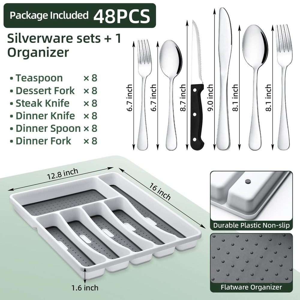 49PCS Silverware Set with Organizer Stainless Flatware for 8 Mirror Polished