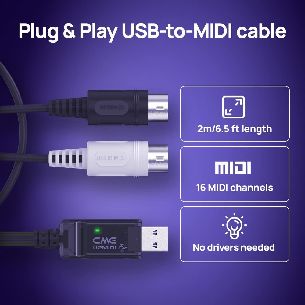 USB MIDI Cable 6.5ft - High-Speed Plug Play Interface for Instruments