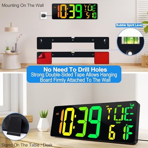 Large Digital Wall Clock 17.2" Bluetooth Auto 11 Colors Bluetooth Time Sync