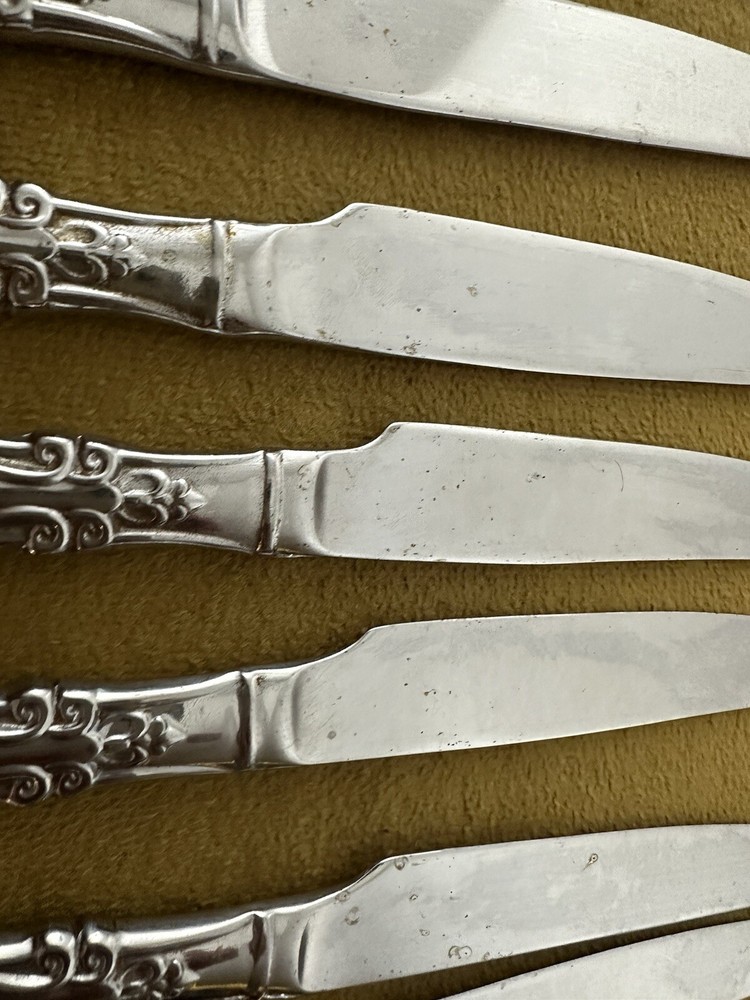 Wallace 1810 Stainless Peacock Pattern (8) Dinner Knives - (blade Flaws)