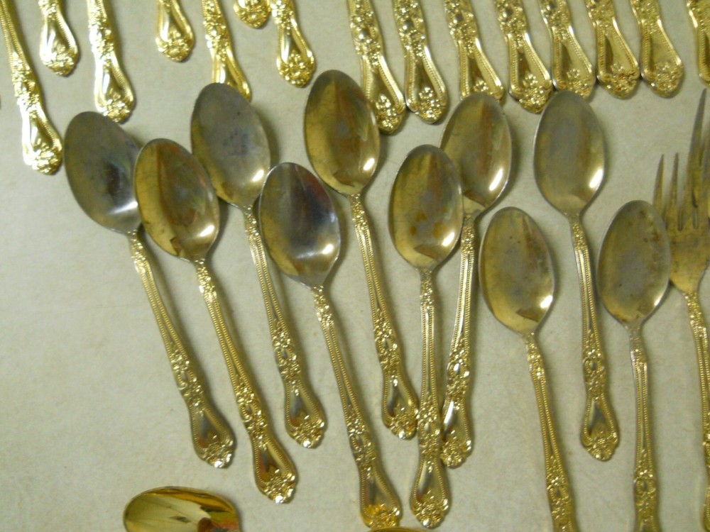 International EP Gold Precious Rose Pattern Flatware Set Replacements 63 PC
