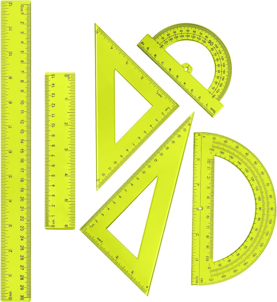 6 Pcs Plastic Ruler Math Set Includes 12 Inch 6 Inch Straight Protractor Triangl