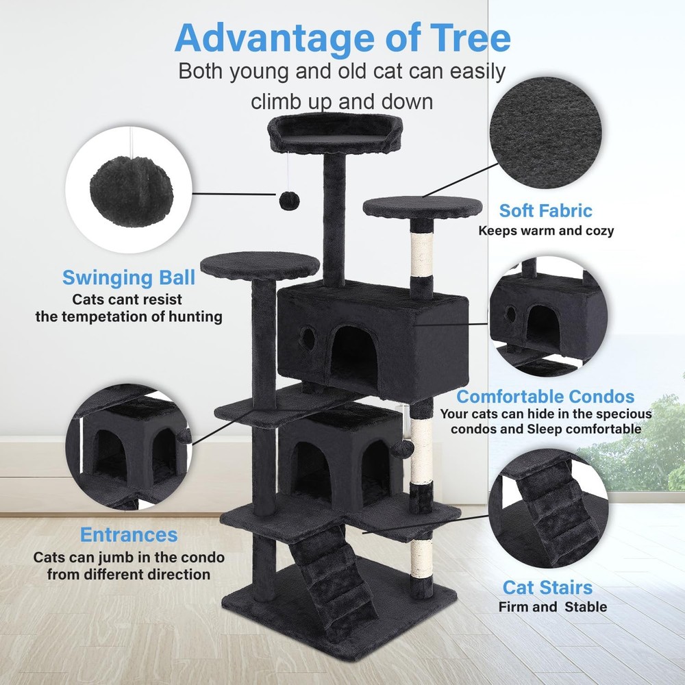 | 54" Cat Tree Tower | Dark Gray | Multi-Level Indoor Activity Center with Si...