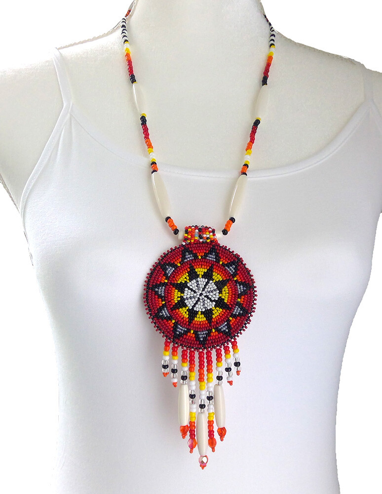 HANDCRAFTED ETHNIC ARTISAN RED MEDALLION CHUNKY BEADED NECKLACE EARRINGS SET