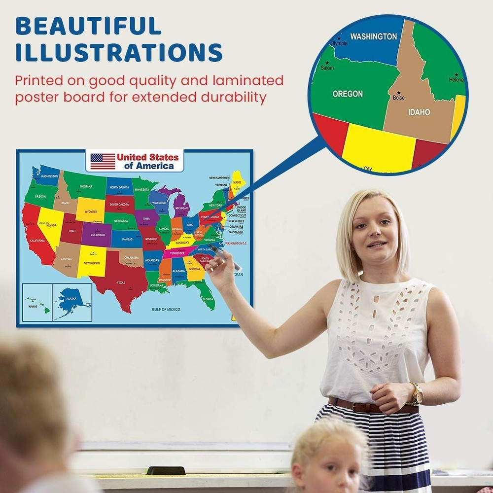 18"x24" Laminated USA Map Double Sided Educational Waterproof