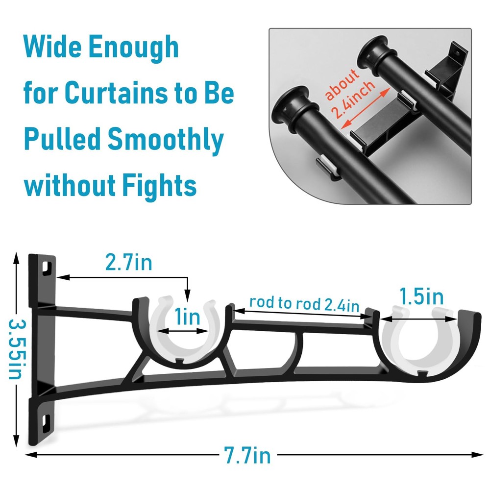 Curtain Rod Bracket, 3 Pack Double Brackets, Heavy 3 Pack, Black